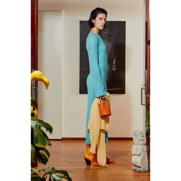 SIMON MILLER Teal Light Blue Ribbed Long Sleeve Fitted Maxi Dress Size Medium - Picture 14 of 14